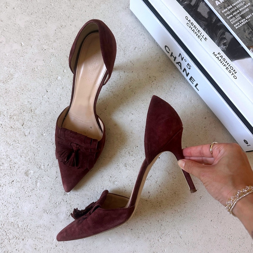 J. Crew Elsie Suede D'Orsay Heels Pointed Tassel Fringe Pumps Burgundy Size 10